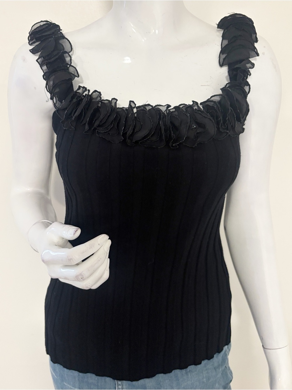 Vintage Belldini Ribbed Knit Tank Top w Ruffled Flower Petal Trim & Rhinestones